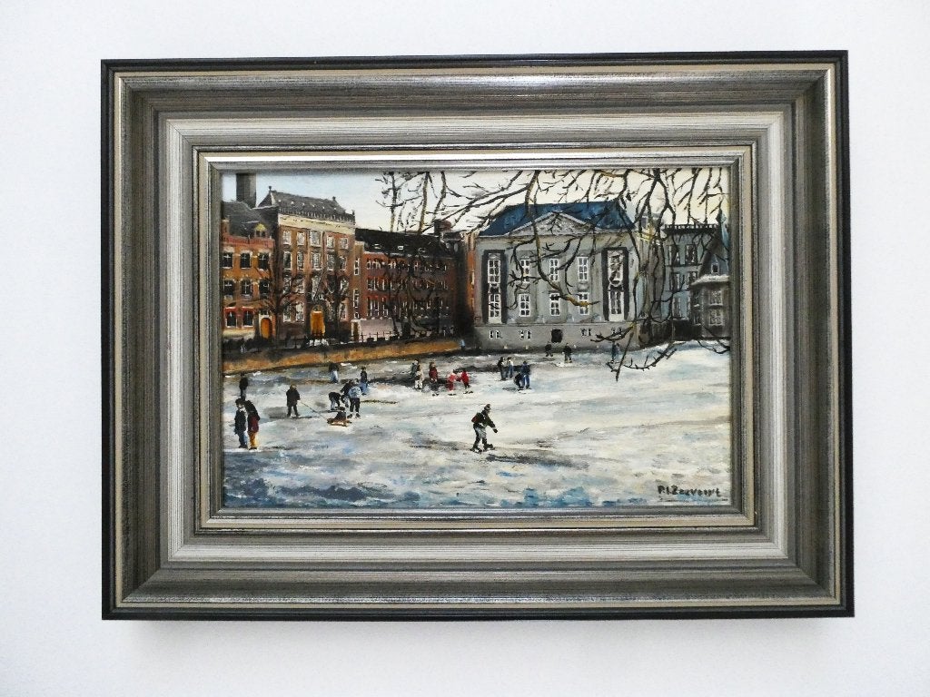 Schilderij van de Hofvijver met wintertafereel Den Haag, Impressionistisch, Ophalen of Verzenden, Gesigneerd, Olieverf