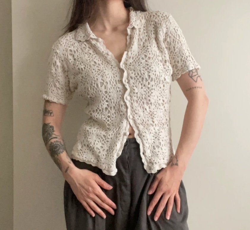 Vintage cream crochet knit lace short sleeve S/M top, Wit, Ophalen of Verzenden, Vintage, Korte mouw