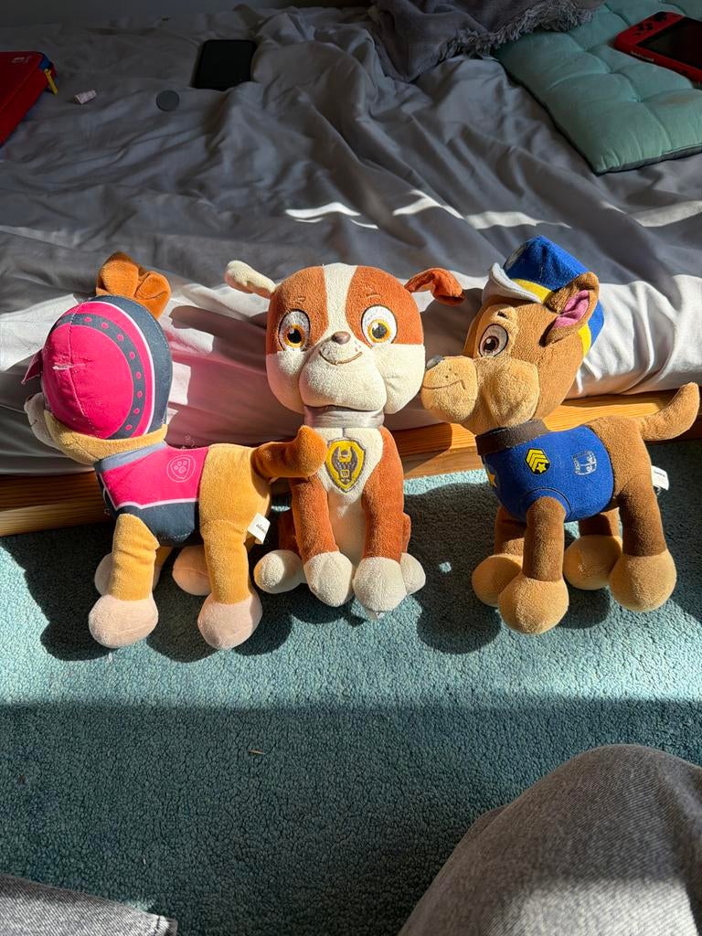 Paw Patrol knuffels - Chase, Rubble en Skye, Gebruikt, Middelgroot (20 tot 80 cm), Met kleding of accessoire, Bruin