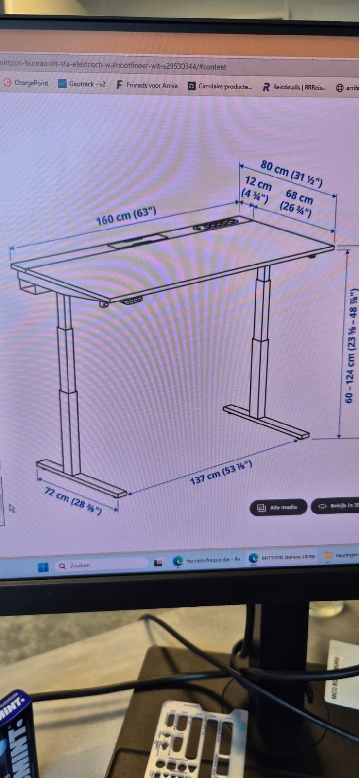 Zit/sta electrisch walnootfineer, Ophalen, Zit-sta bureau, 160 cm, Bruin