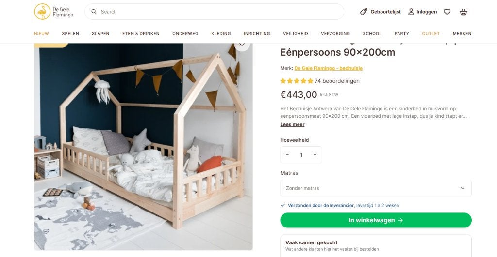 Gele flamingo bedhuisje kinderbed 90x200, Kinderen en Baby's, Ophalen, 85 tot 100 cm, Gebruikt, Lattenbodem