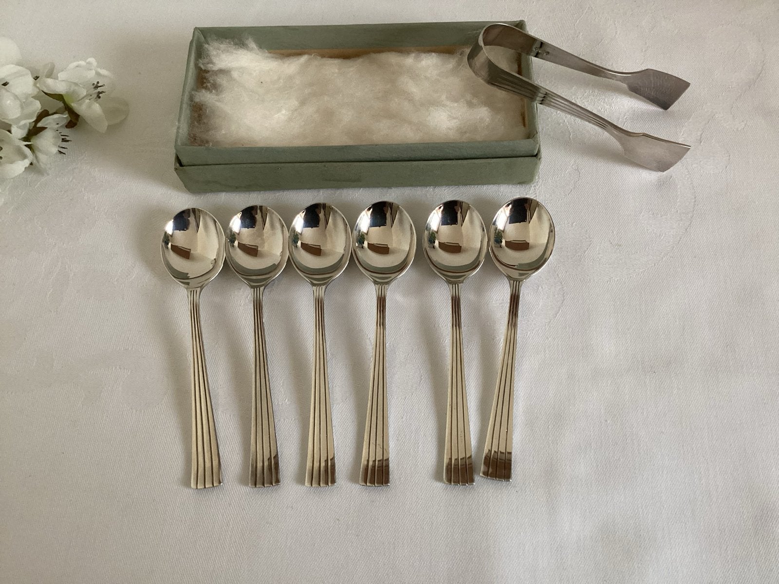 6 Verzilverde theelepels DE ~ suikertang ~ suikerschep izgst, Ophalen of Verzenden
