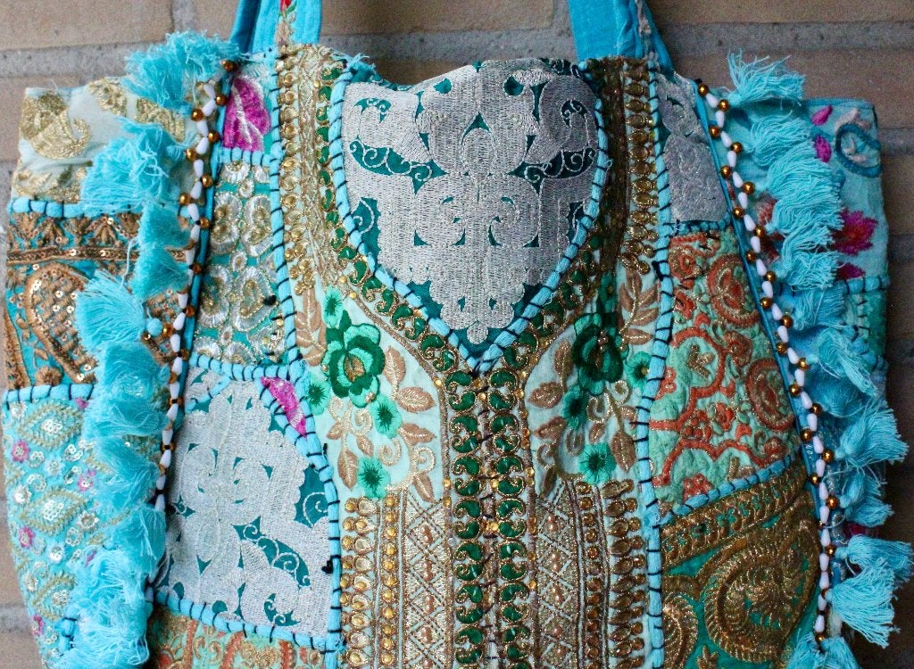 Turquoise tote bag boho hippy chic handtas strandtas goud XL, Ophalen of Verzenden, Nieuw, Blauw, Shopper