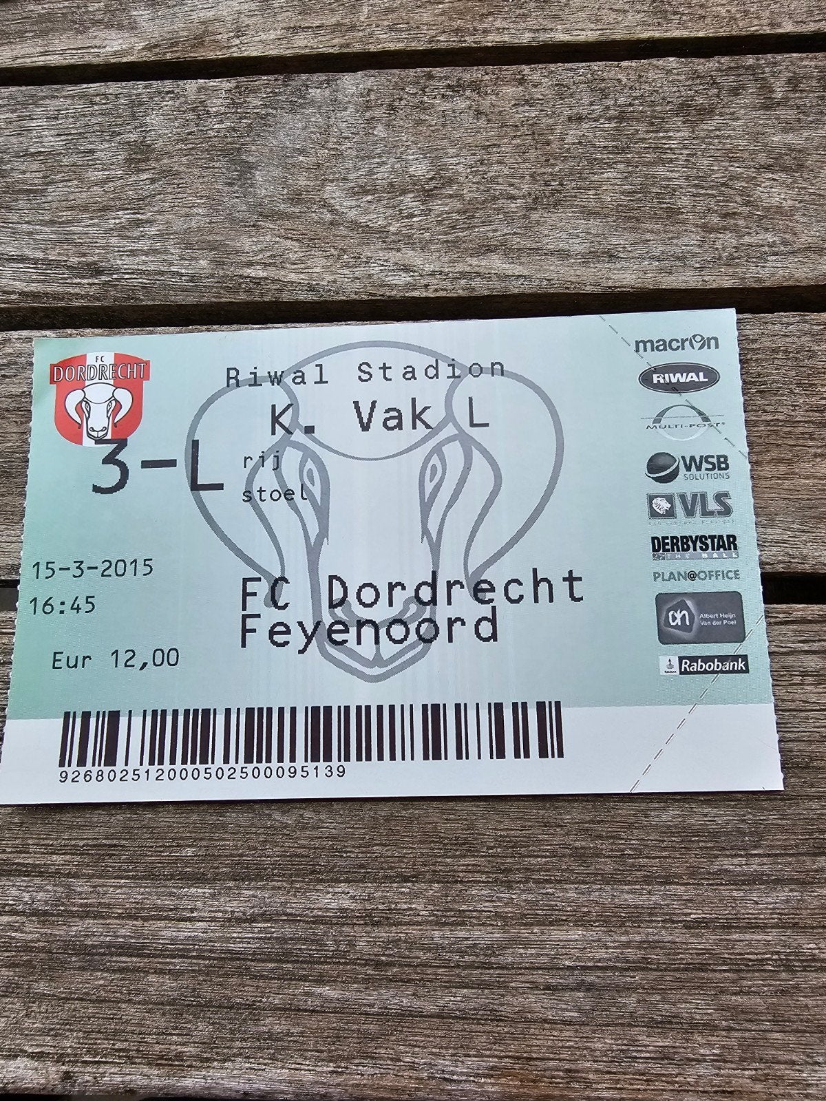 Kaartje fc dordrecht-feyenoord 15-03-2015, Verzenden, Feyenoord, Poster, Plaatje of Sticker