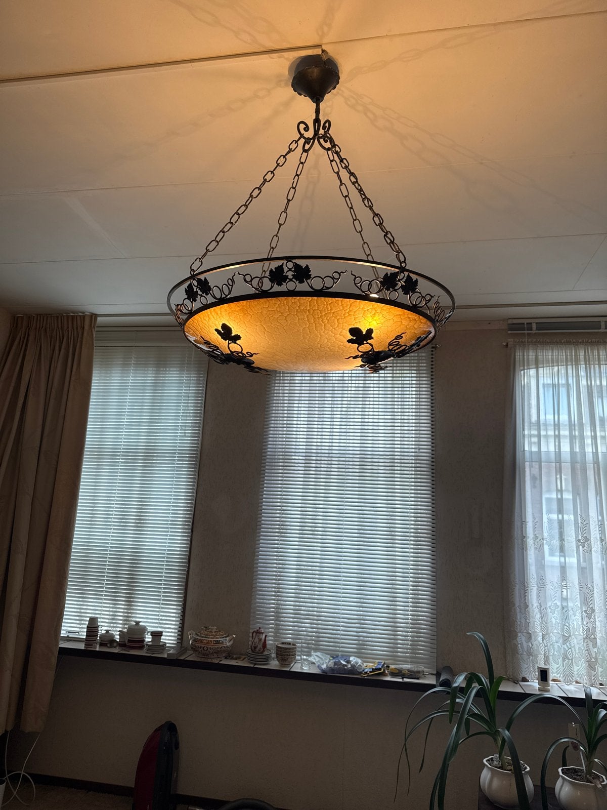 Vintage Art Deco Hanglamp/Plafonnière Smeedijzer Glas, Ophalen