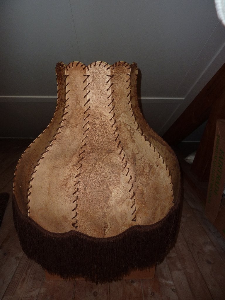 VINTAGE GROTE LEREN LAMPENKAP MET FRANJE, Ophalen, Gebruikt, Rond, Meerkleurig