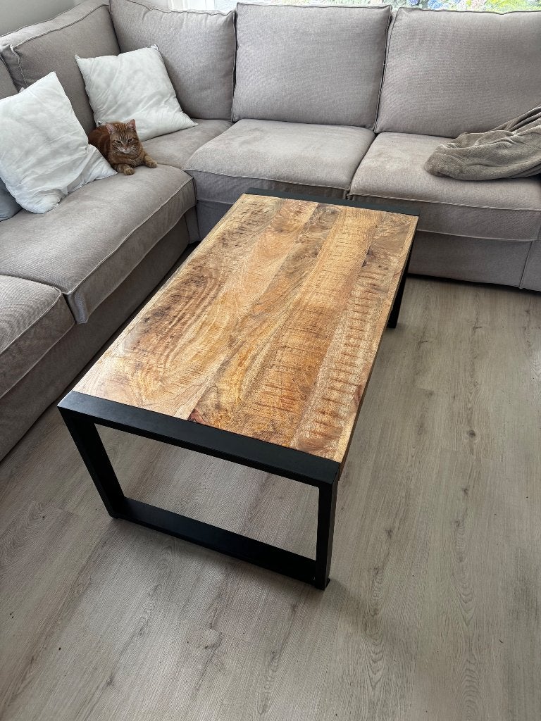 Salontafel mangohout zwart staal, Ophalen, 100 tot 150 cm, 50 tot 100 cm, Zo goed als nieuw