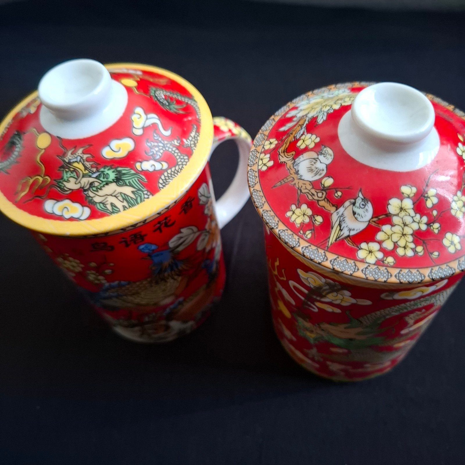 Set van 2 Chinese theemokken met deksel - Draak & Vogel, Huis en Inrichting, Ophalen, Overige typen, Zo goed als nieuw, Steen/keramiek