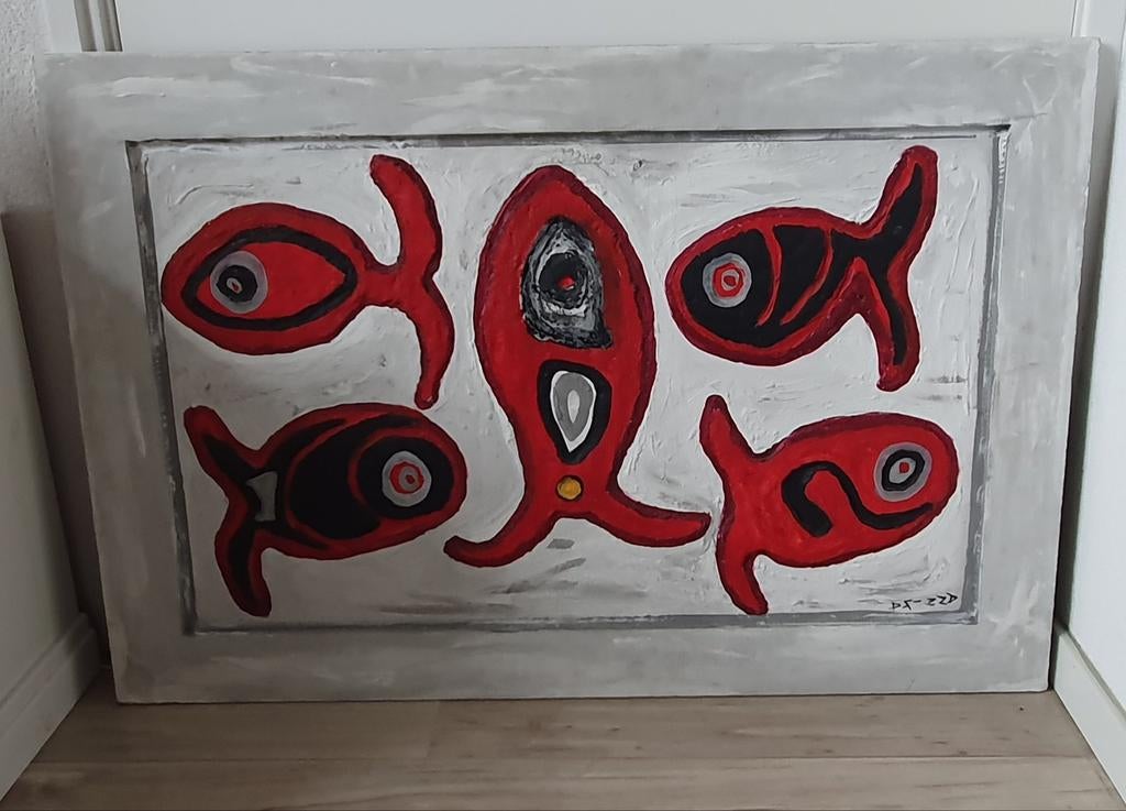 Abstract schilderij met rode vissen, Ophalen of Verzenden
