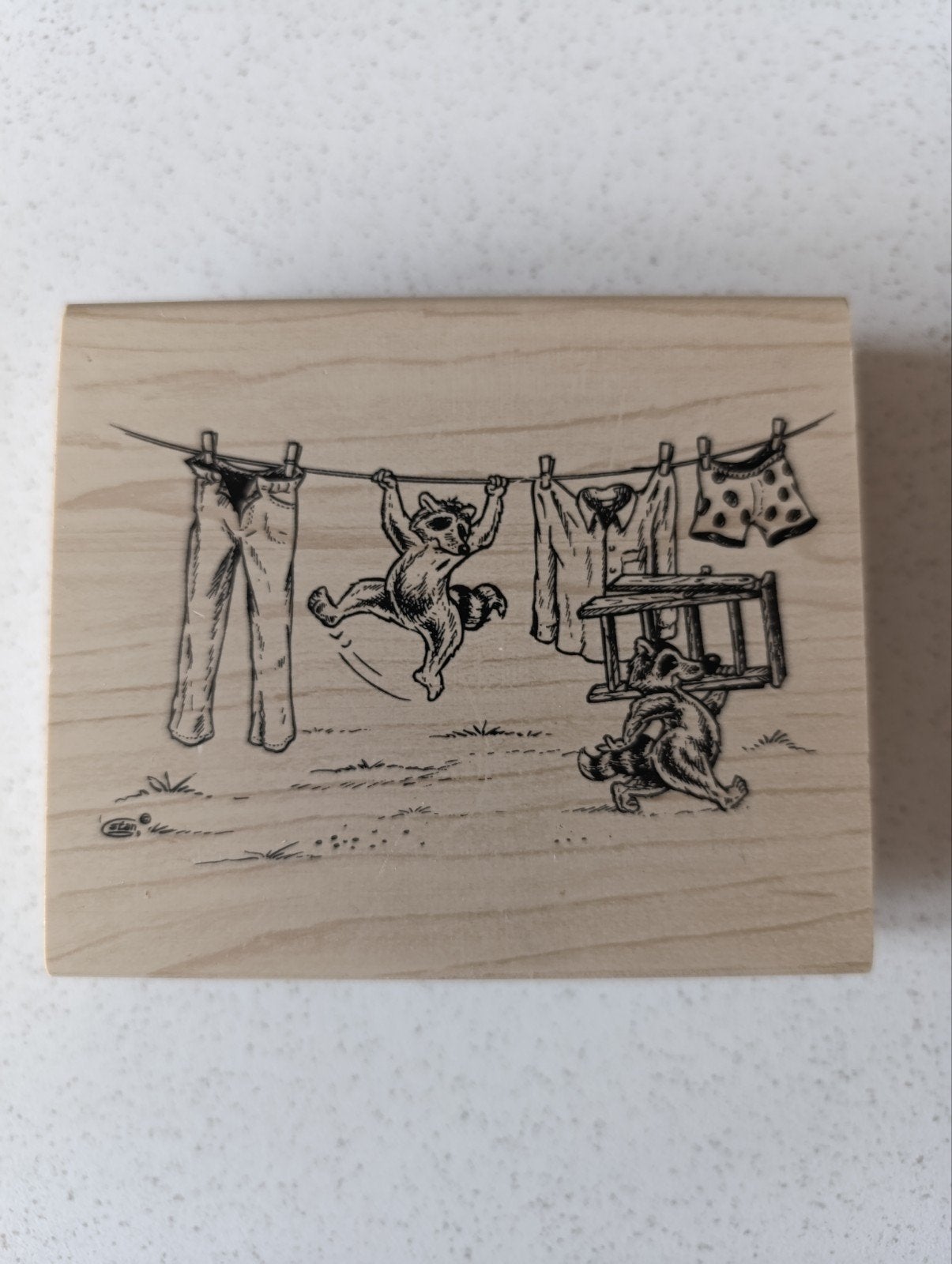 Bengel stempel waslijn - leuke wasbeer stempel, Ophalen of Verzenden, Gebruikt, Houten stempel