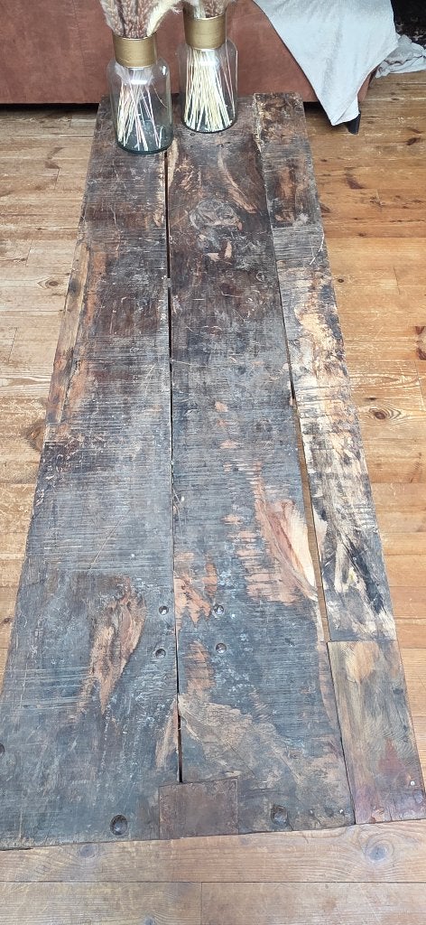 Landelijke salontafel van massief hout, Huis en Inrichting, Tafels | Salontafels, Ophalen, Gebruikt, Teakhout, 50 tot 100 cm
