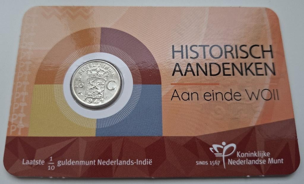 Coincard met 1/10 gulden Nederlands Indie 1942 S, Postzegels en Munten, Munten | Nederland, Verzenden, Koningin Wilhelmina, 10 cent