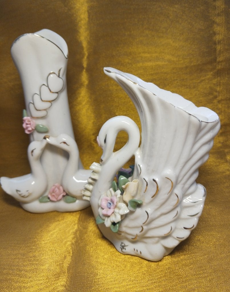 Kitsch zwaan en gans vaasjes wit keramiek, Ophalen of Verzenden