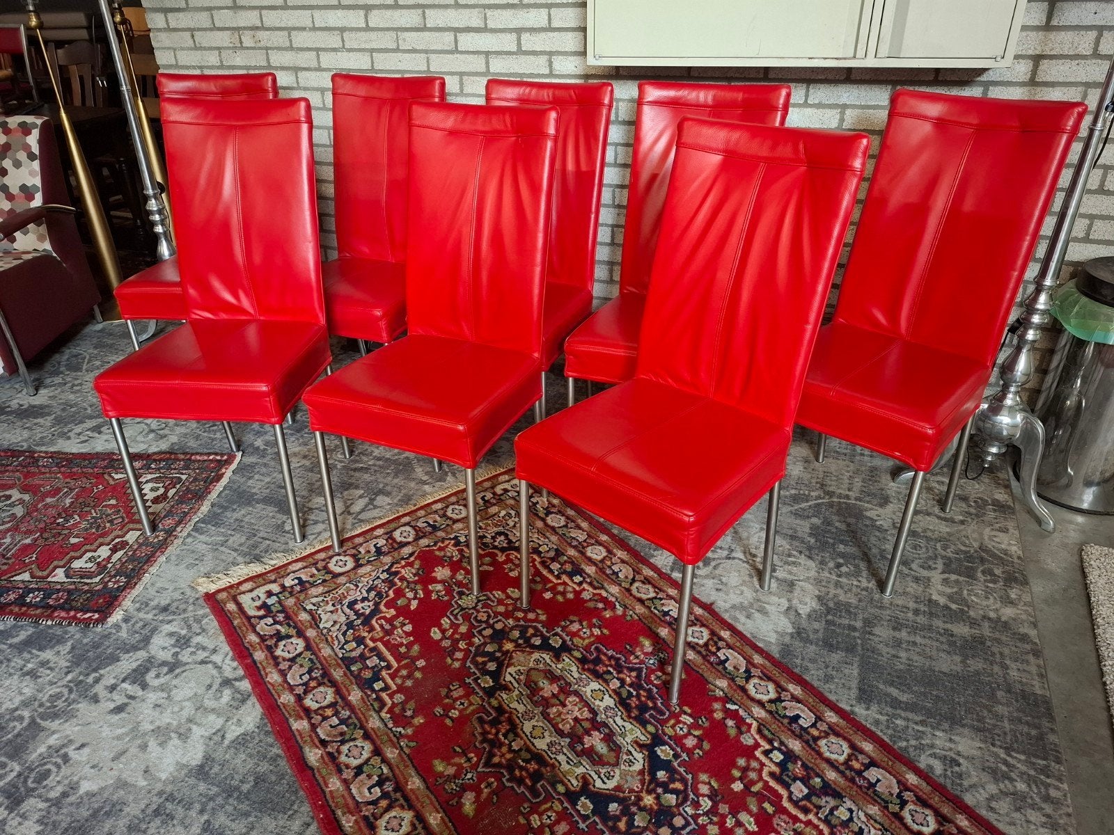 8dlg set HVS eetkamerstoel stoelen echt leer + rvs. Zie oms,, Ophalen, Leer, Zo goed als nieuw, Vijf, Zes of meer stoelen
