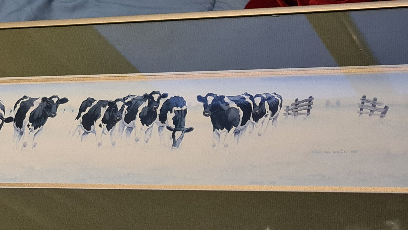 Wiebe van der Zee aquarel koeien 70 cm breed groen kader, Antiek en Kunst, Ophalen of Verzenden, Reproductie, Print/reproductie