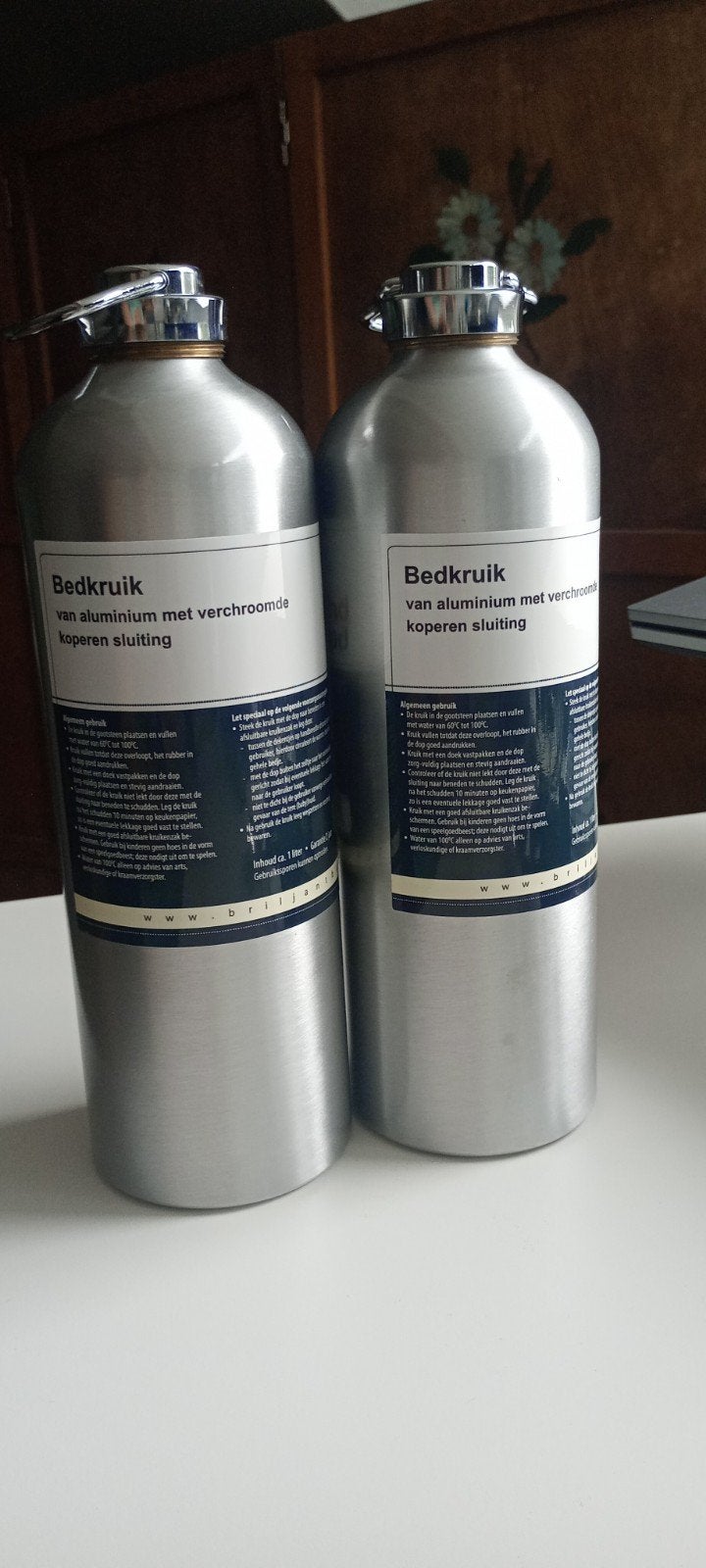 Bedkruik van aluminium met verchroomde koperen sluiting, Ophalen of Verzenden, Gebruikt, Zilver, Metaal