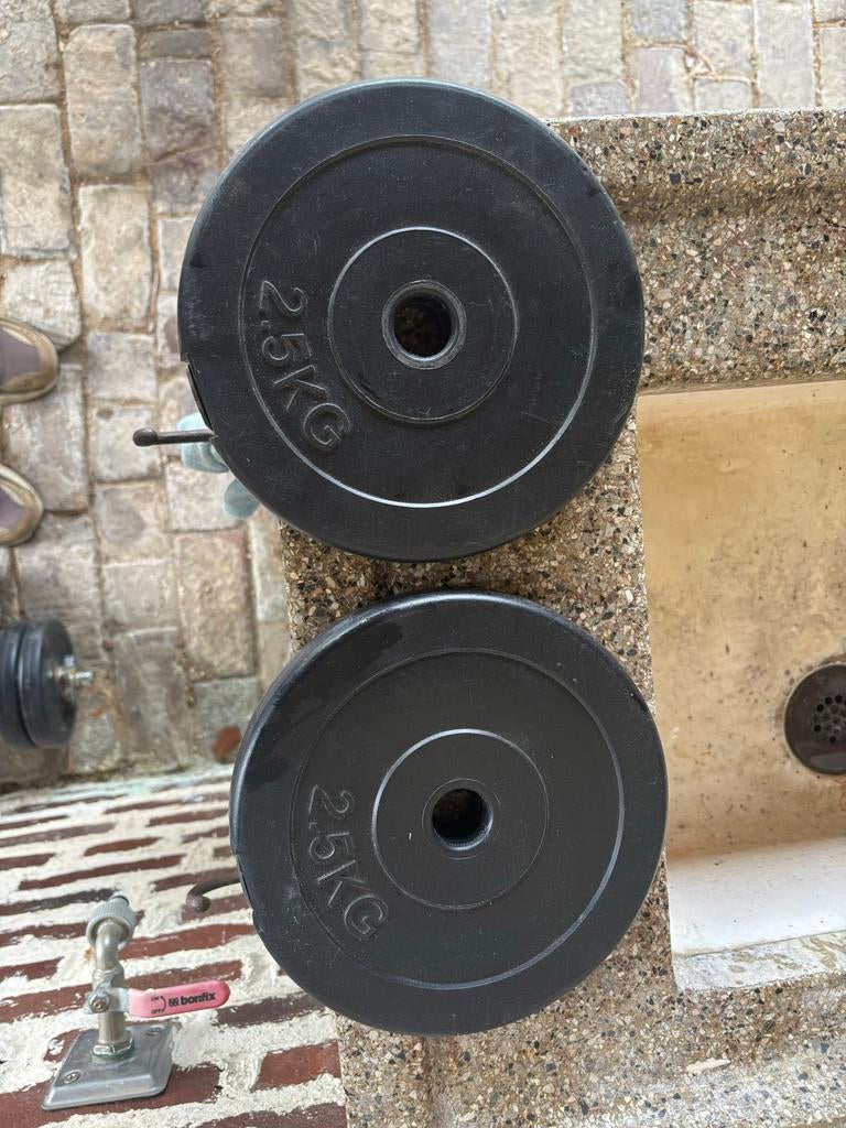 Dumbbell set met halterschijven en lat pull down stang, Ophalen, Gebruikt, Armen, Halterset