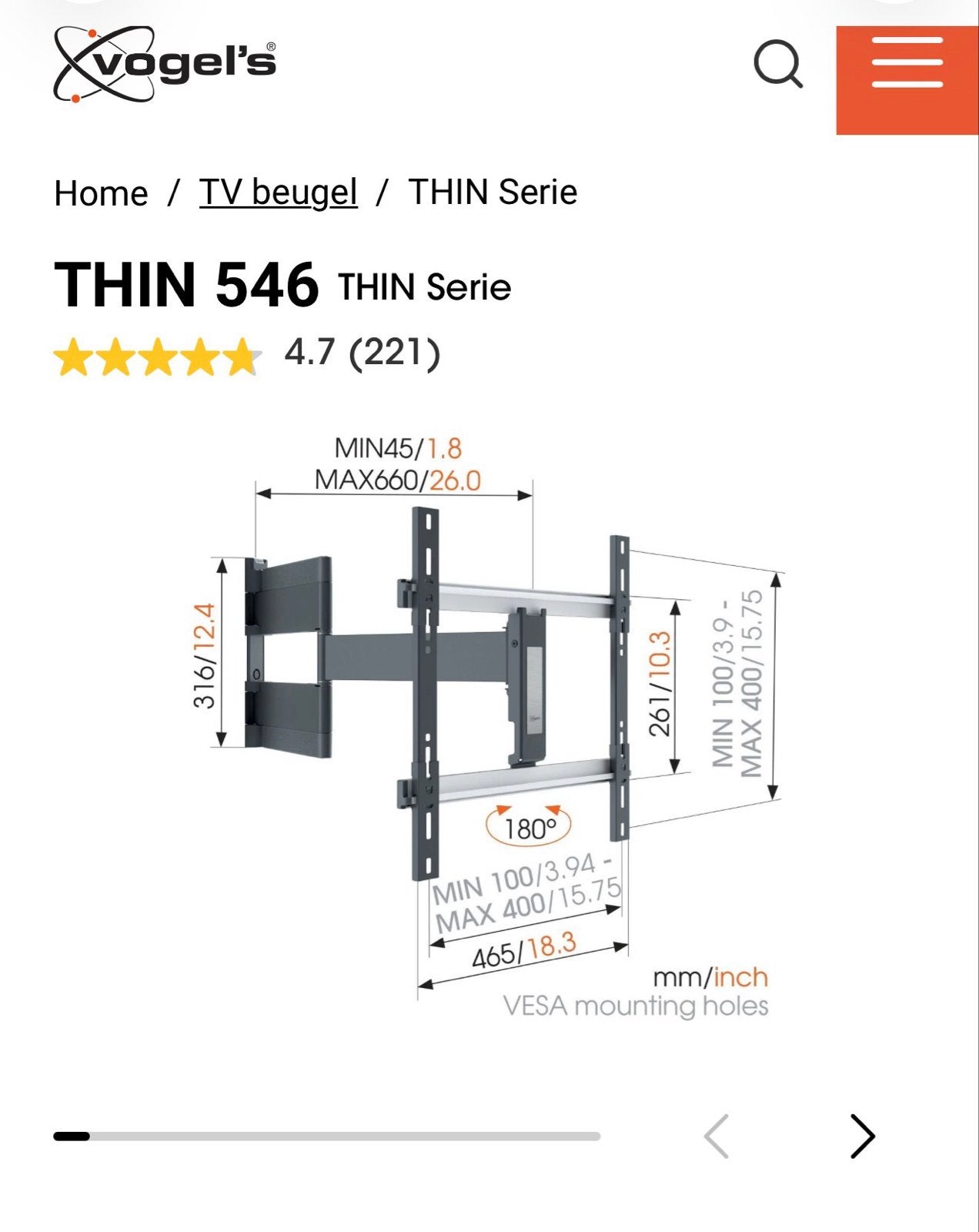 Vogel's THIN 546 Draaibare TV Beugel voor OLED TV's, Verzenden, Nieuw