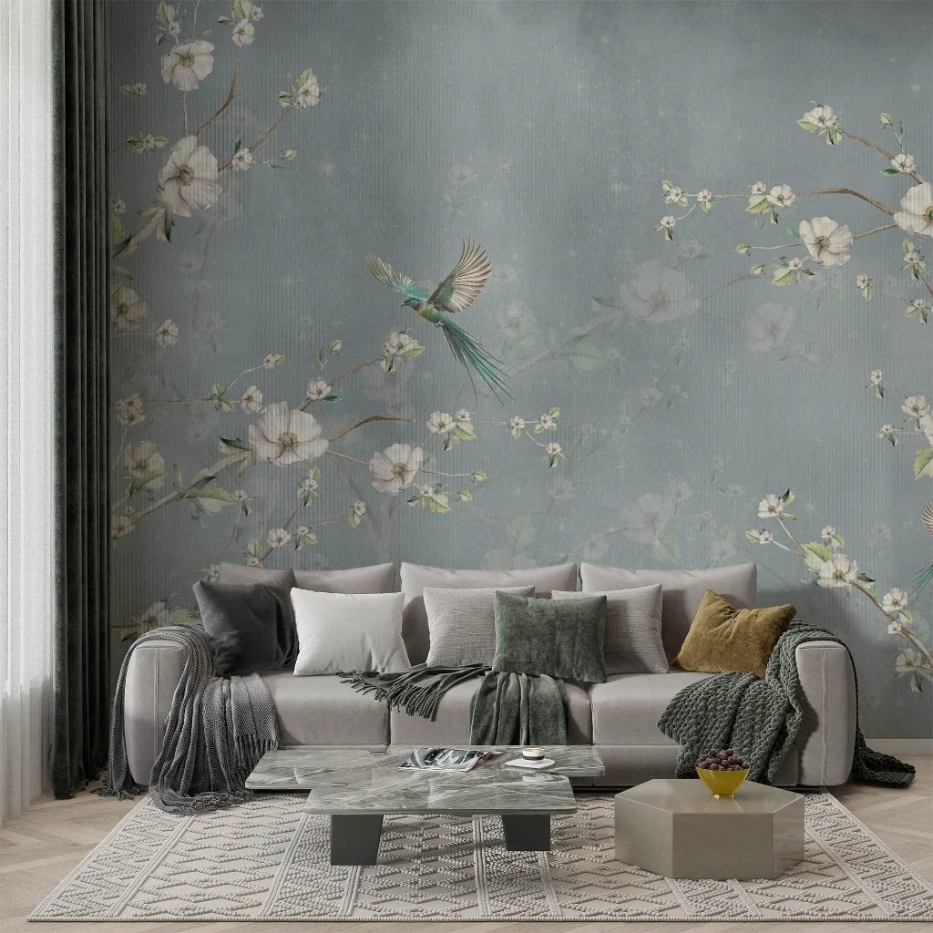 Vogel behang – groene vogels tussen witte bloesem, Overige merken, Blauw, Ophalen of Verzenden, Fotobehang