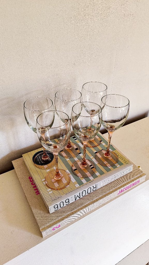 7x vintage wijnglazen luminarc france roze steel, Ophalen of Verzenden, Zo goed als nieuw, Overige typen