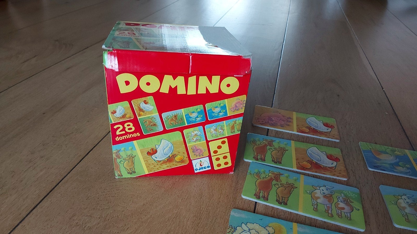 Djeco boerderijdieren domino. 28 Stuks, Ophalen of Verzenden, Zo goed als nieuw, Puzzelen