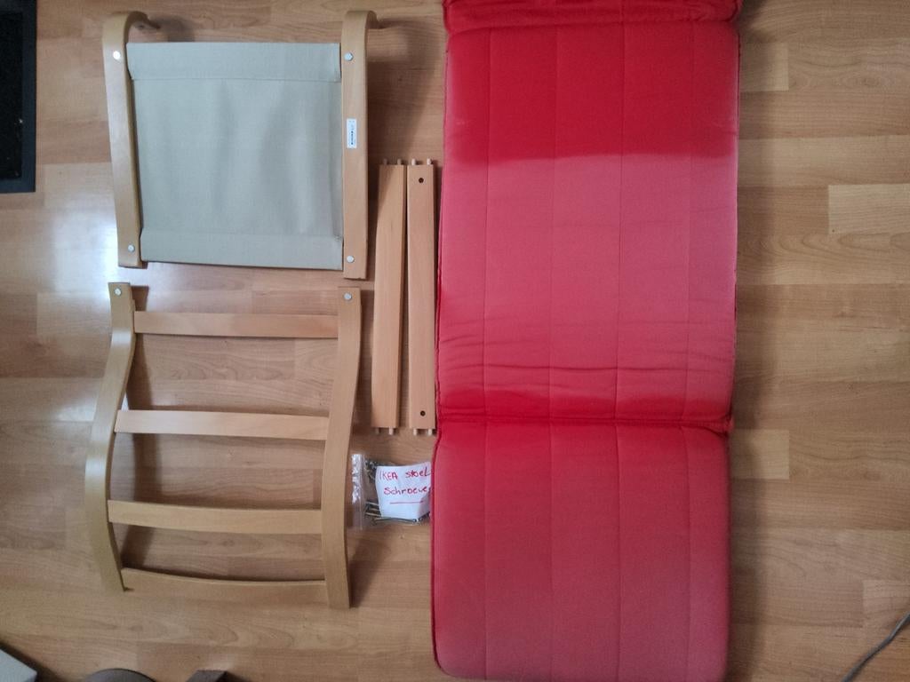 IKEA Pöang fauteuil met rode kussens, Huis en Inrichting, Fauteuils, Ophalen, Gebruikt, Modern, Scandinavisch, 75 tot 100 cm