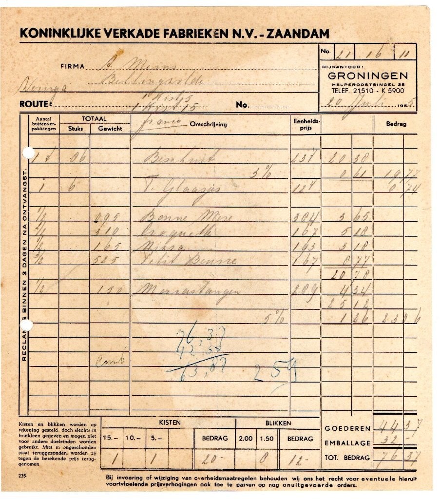 Nota Koninklijke Verkade Meins Bellingwolde Beschuit 1955., Verzamelen, Ophalen of Verzenden, Zo goed als nieuw