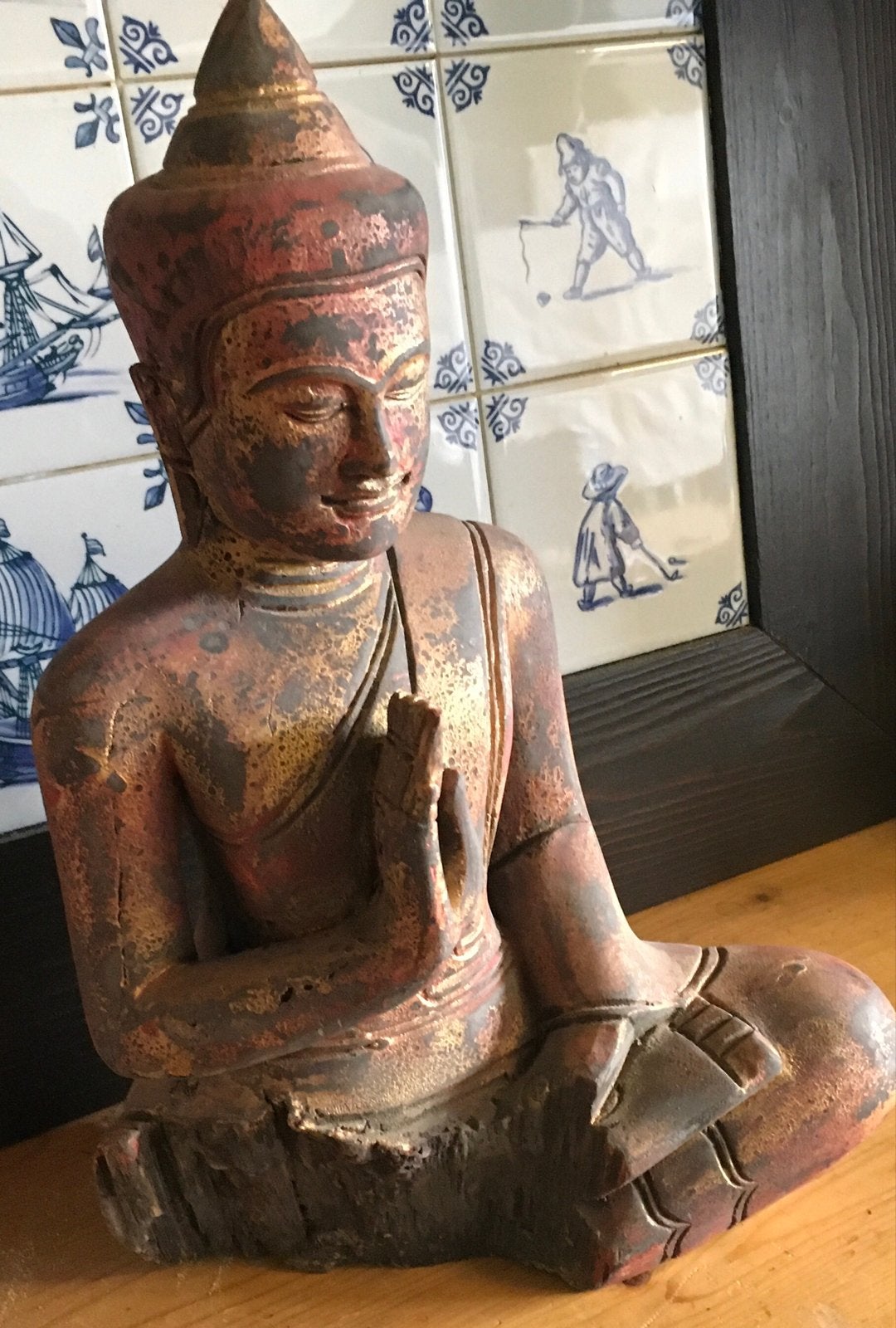 Antiek Khmer Boeddha Beeld uit Cambodja - Beschadigd, Hout, Handgemaakt, Ophalen of Verzenden, Meerkleurig