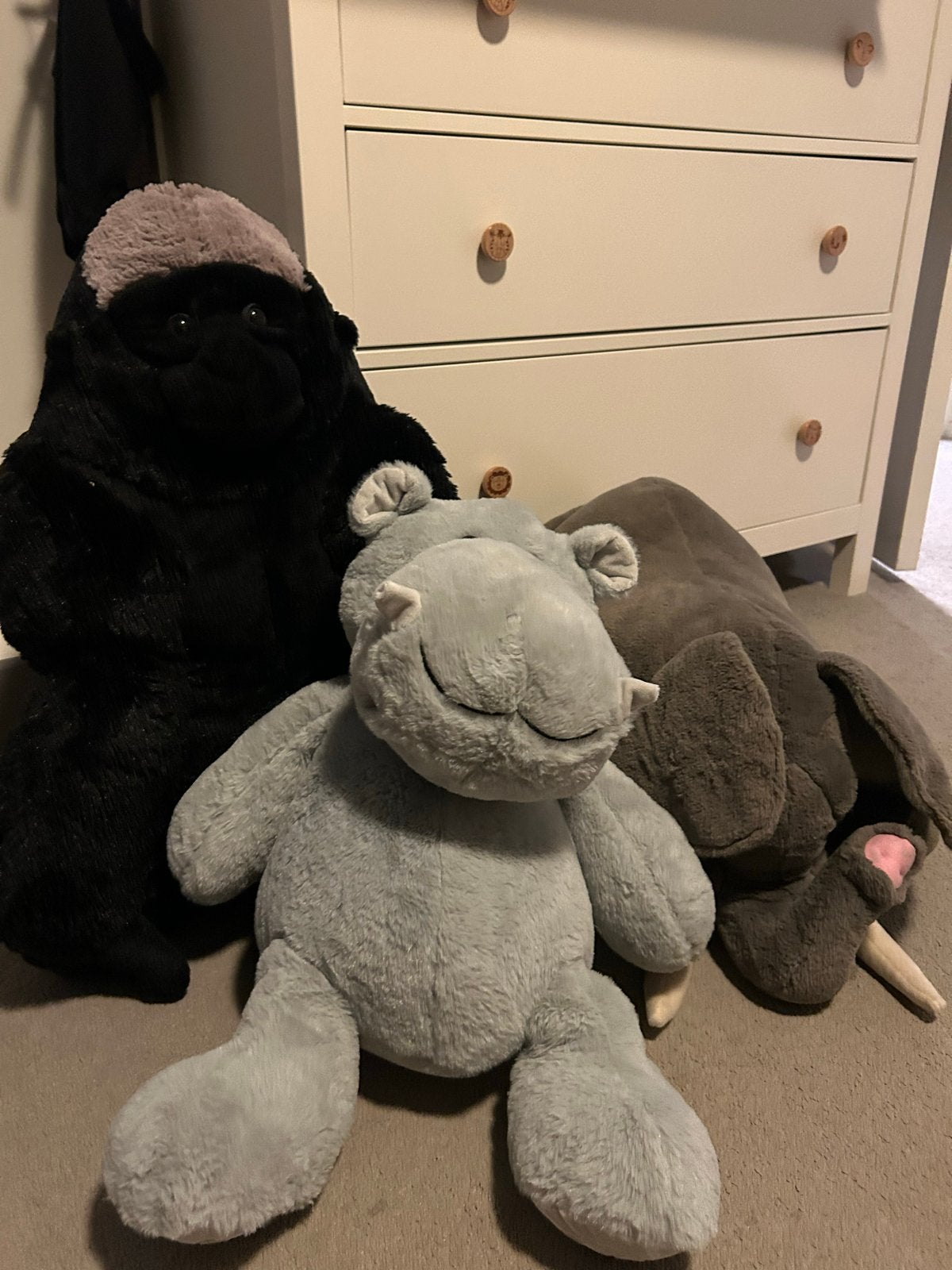 Knuffels: Olifant, Nijlpaard en Gorilla (55 cm), Ophalen, Gebruikt, Grijs, Middelgroot (20 tot 80 cm)
