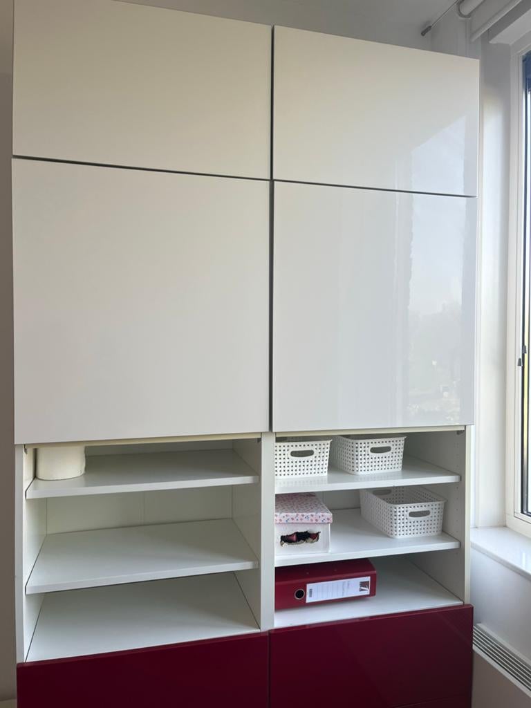 2 IKEA BESTÅ Kasten met deuren, planken en lades - Wit/Rood, Huis en Inrichting, Ophalen of Verzenden, Zo goed als nieuw, 25 tot 50 cm