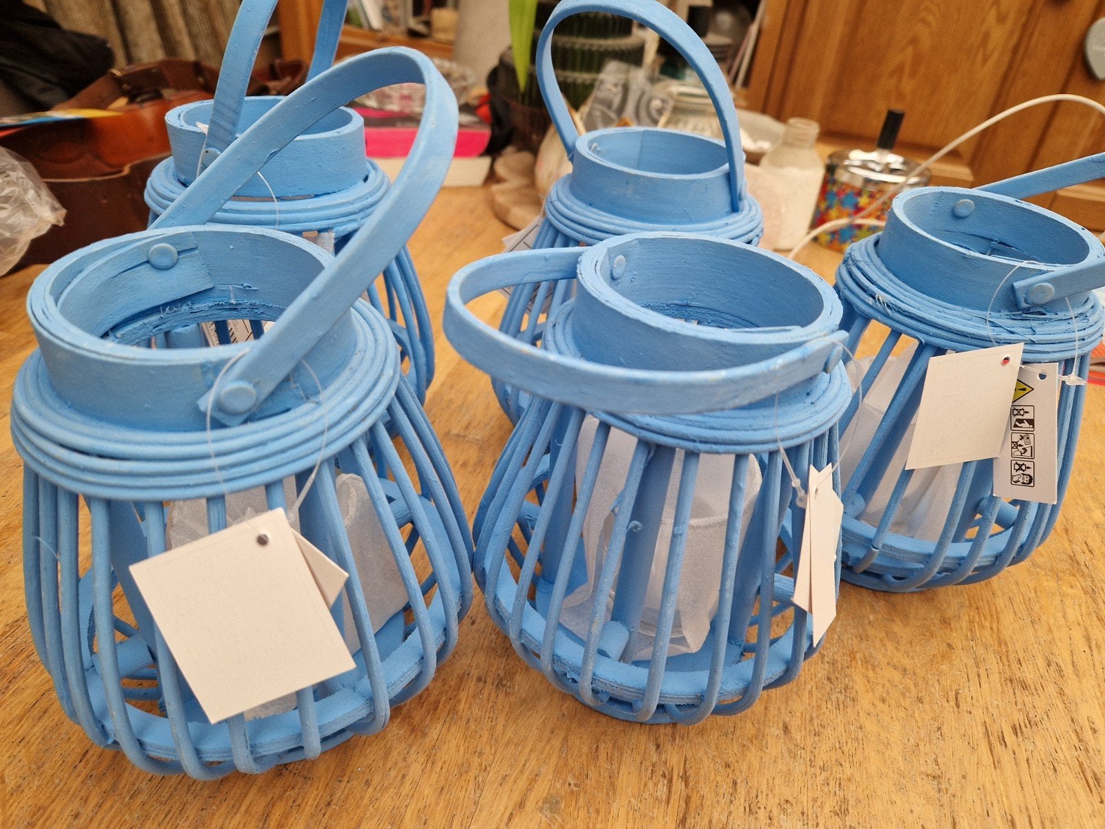 5 blauwe rotan lantaarns/windlichten, Lantaarn, Blauw, Overige merken, Natuurlijk materiaal