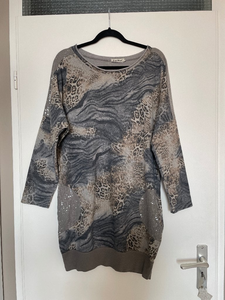 Lange dierenprint beige trui sweater glitter pailletten mt L, Beige, Maat 42/44 (L), Zo goed als nieuw, Sensi wear