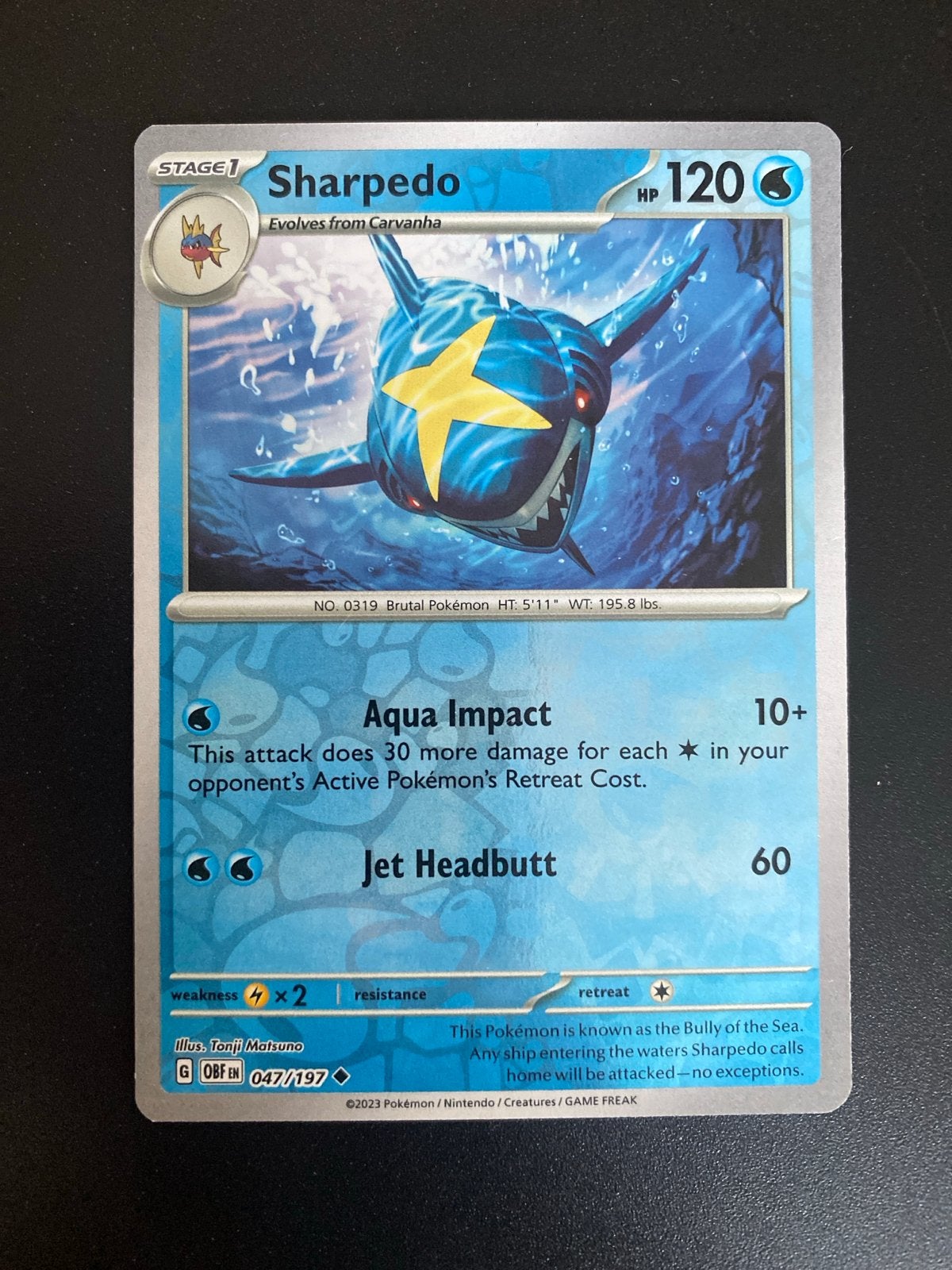 Sharpedo 047/197 Reverse Holo Obsidian Flames, Ophalen of Verzenden, Zo goed als nieuw, Losse kaart, Foil