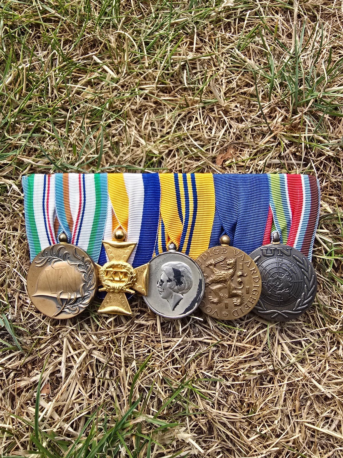 Nederlandse 5 delige medaille spange officier, Verzamelen, Ophalen of Verzenden, Landmacht, Nederland, Lintje, Medaille of Wings