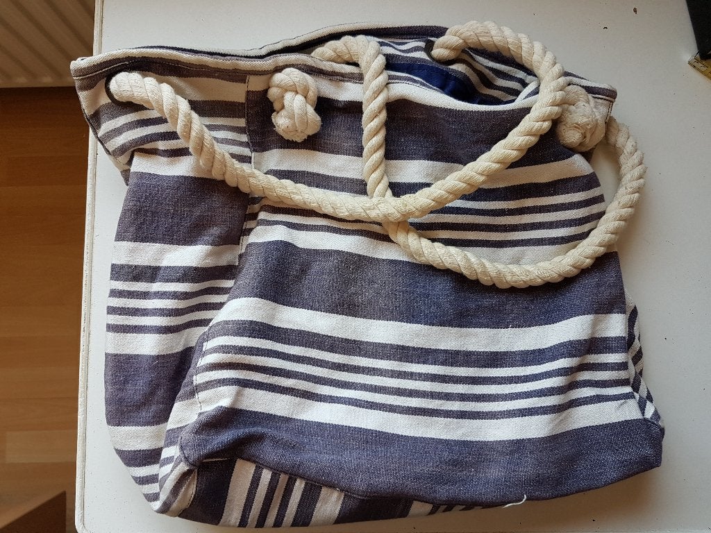 blauwwit gestreepte Atmosphere schoudertas, katoen, gebruikt, Sieraden, Tassen en Uiterlijk, Tassen | Schoudertassen, Ophalen of Verzenden