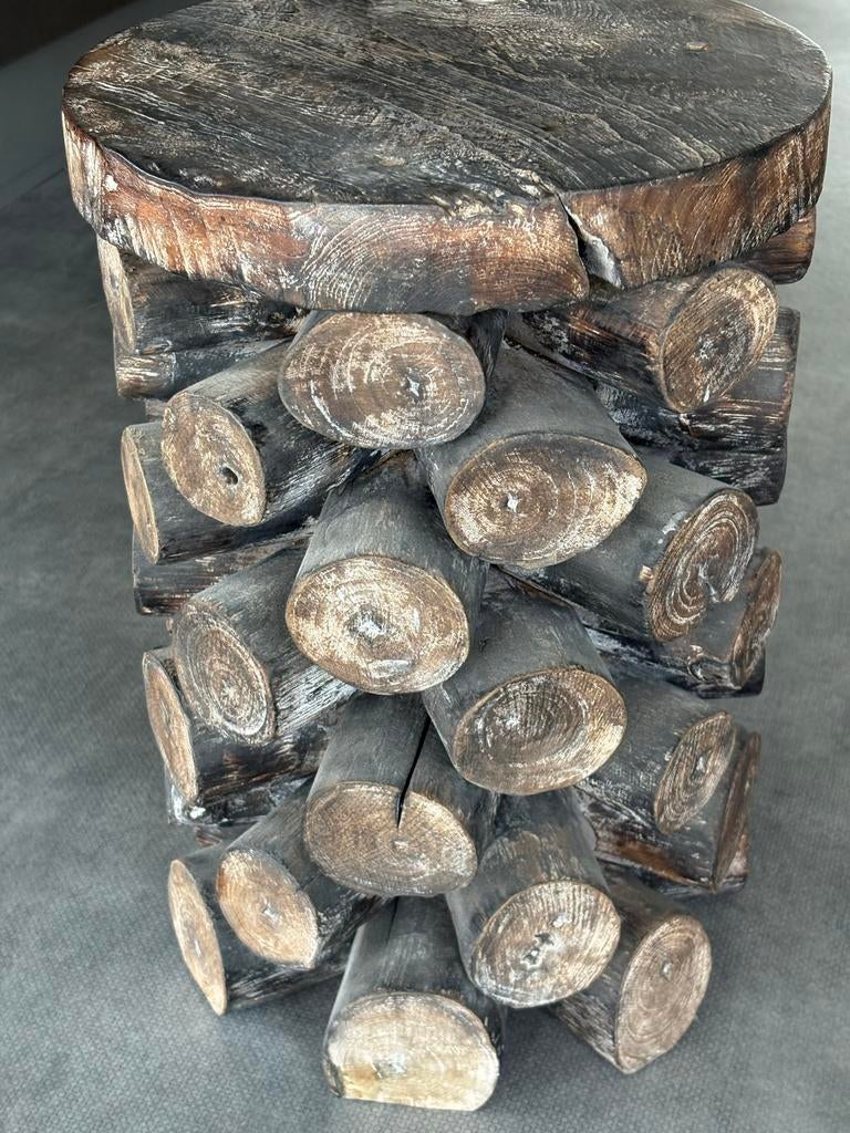 Unieke houten bijzettafel/kruk, rustieke stijl, Minder dan 55 cm, Rond, Zo goed als nieuw, Hout