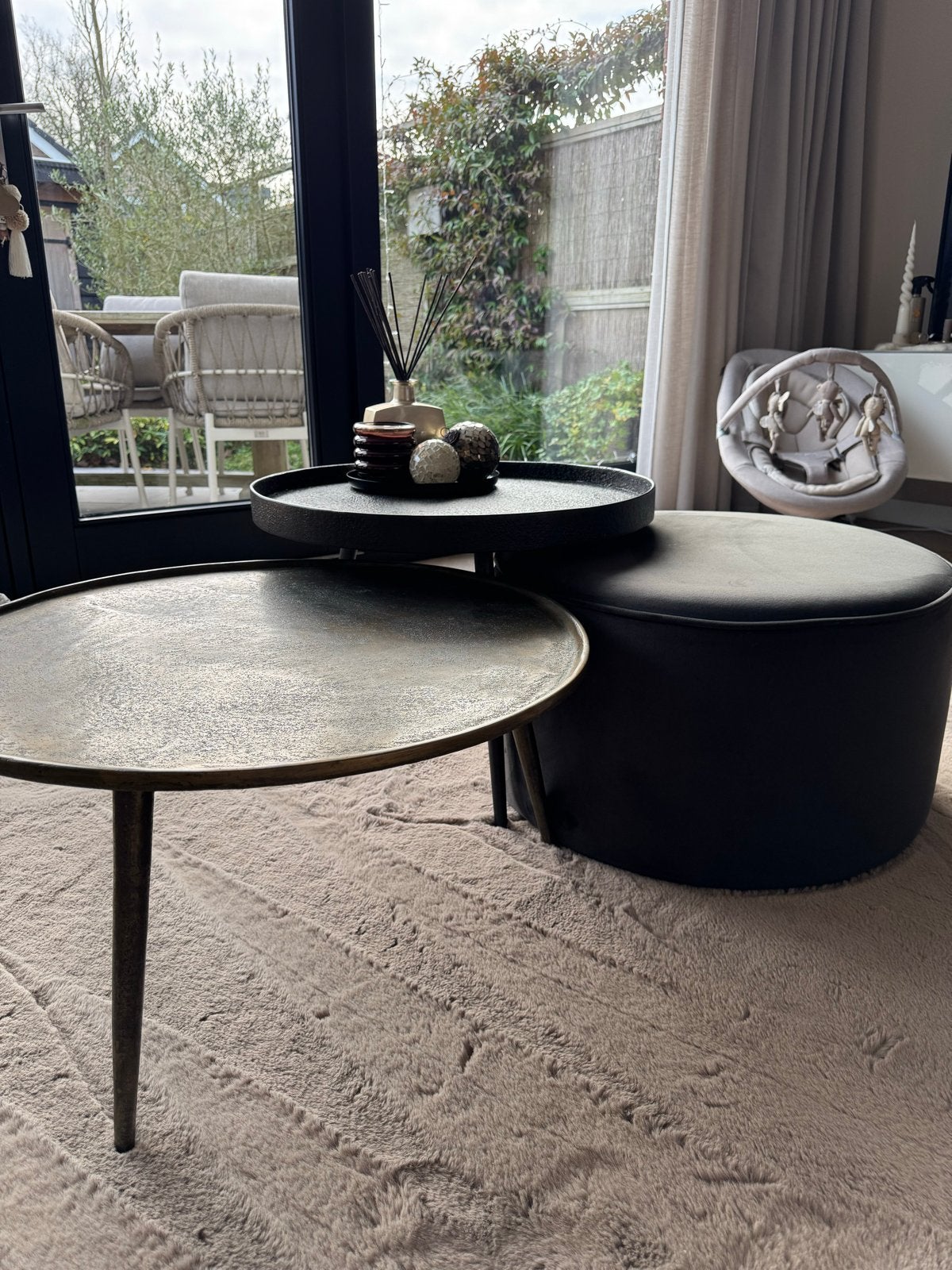 Set van 3 ronde salontafels/bijzettafels, zwart/brons metaal, Huis en Inrichting, Ophalen, Rond, 50 tot 100 cm, Zo goed als nieuw