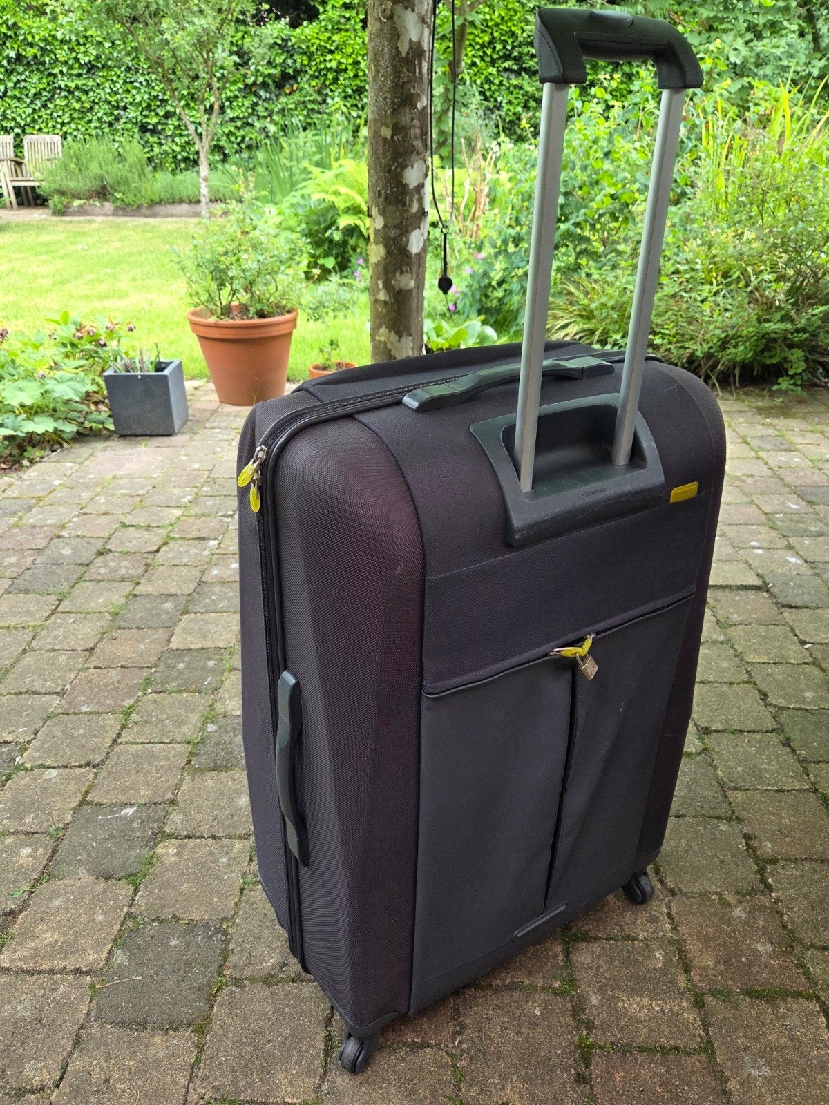 Grote grijsblauwe gedeeltelijk harde koffer-Samsonite, Wieltjes, Gebruikt, Ophalen of Verzenden, 70 cm of meer