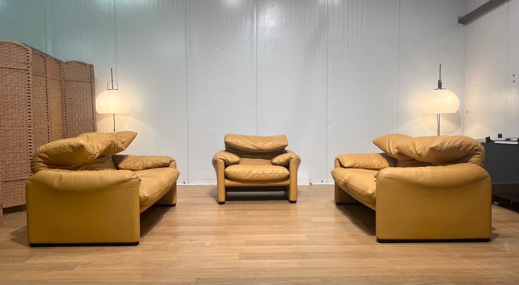 Cassina Maralunga Leer Set 2x 2-Zits + Fauteuil Nieuwstaat, Design Bank Bankstel Zetel 2-Zits Fauteuil Stoel Cassina, 150 tot 200 cm