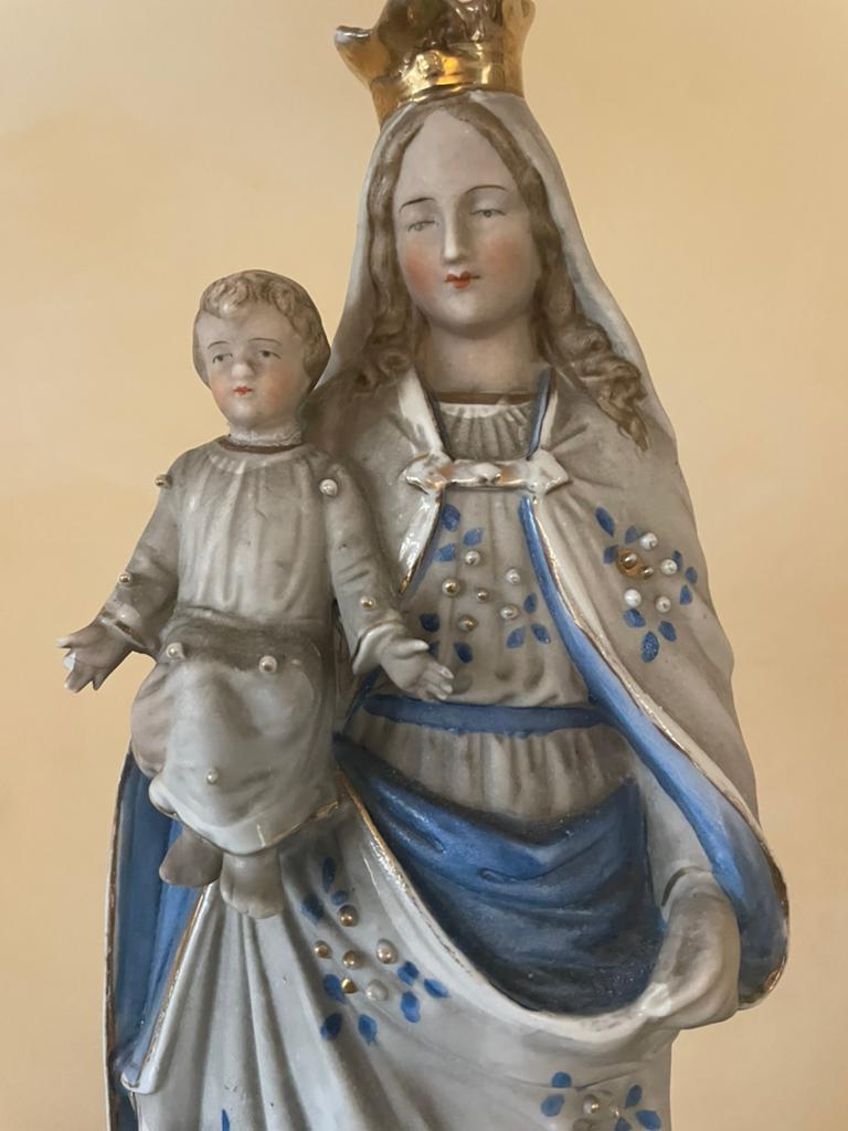 Antiek Mariabeeld met Kind Jezus - Porselein, Antiek en Kunst, Curiosa en Brocante, Ophalen of Verzenden