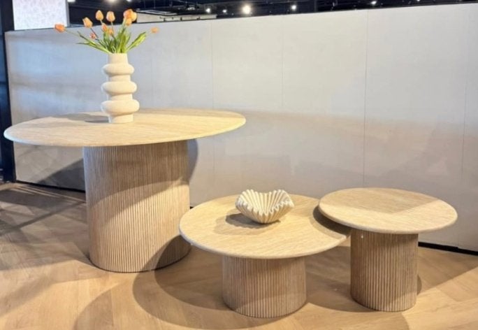 Japandi Travertine Salontafel Set en eettafel Z.g.a.n, Huis en Inrichting, Overige materialen, 100 tot 150 cm, Rond, Nieuw