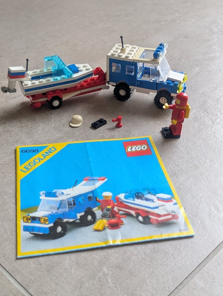 Vintage Lego 6698 auto met trailer en speedboat, Ophalen of Verzenden, Gebruikt, Inclusief instructies