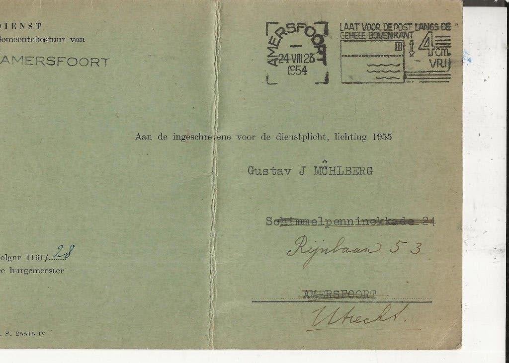 Amersfoort Oproep Dienstplicht Lichting 1955 GJ Muhlberg, Ophalen of Verzenden, 1940 tot 1960, Gelopen, Utrecht