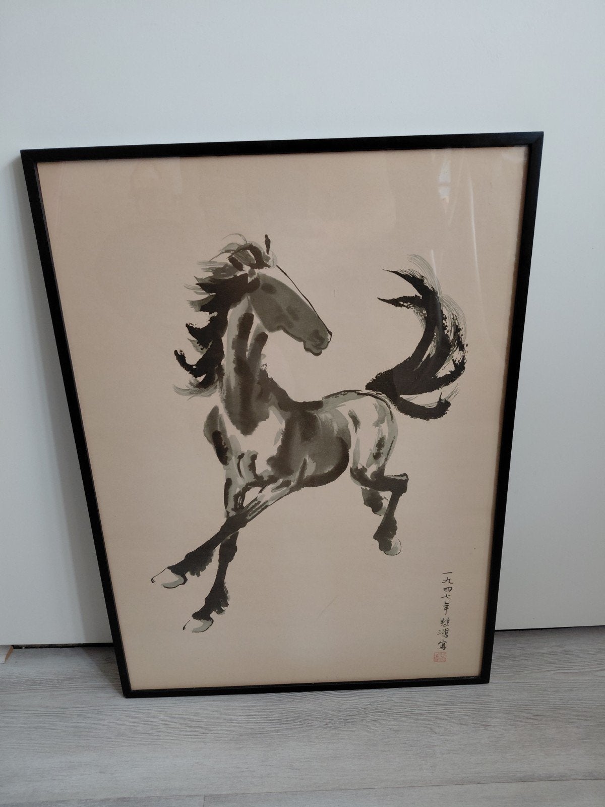 vintage xu beihong print/litho paard 42x58 cm, Ingelijst, Ophalen, Dieren en Natuur, Lithografie