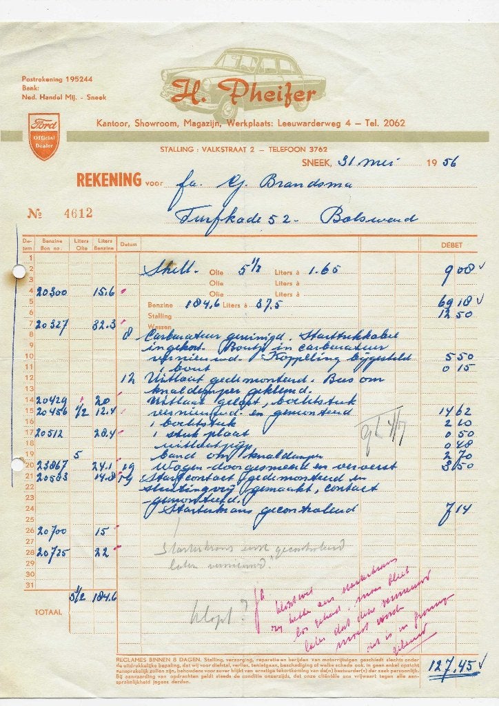 Oude factuur auto garage H. Pheifer-Sneek, Ophalen of Verzenden, Gebruikt