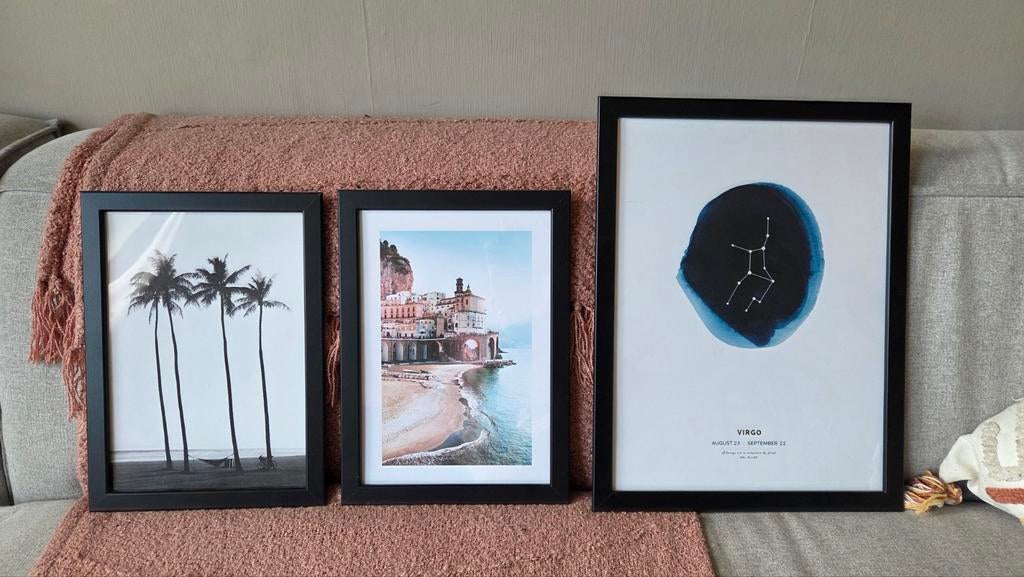 Set van 3 ingelijste posters: palmbomen, kust, sterrenbeeld, Ophalen of Verzenden, Zo goed als nieuw, Minder dan 50 cm, Minder dan 50 cm