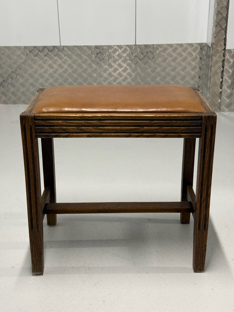 Vintage eiken leren hocker – Art Deco, Gebruikt, 50 tot 75 cm, Ophalen of Verzenden, Art Deco