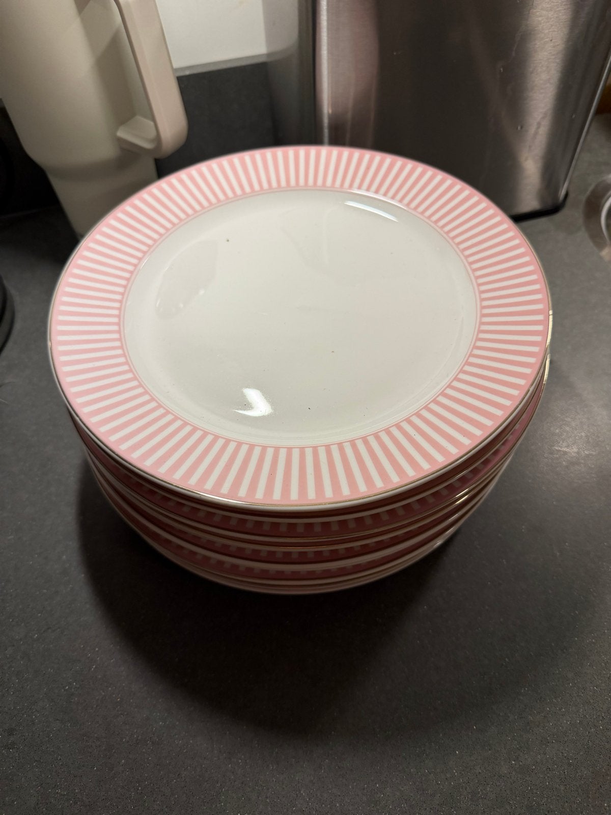Set van 11 Roze & Wit Gestreepte Dinerborden, Ophalen, Gebruikt, Keramiek, Bord(en)