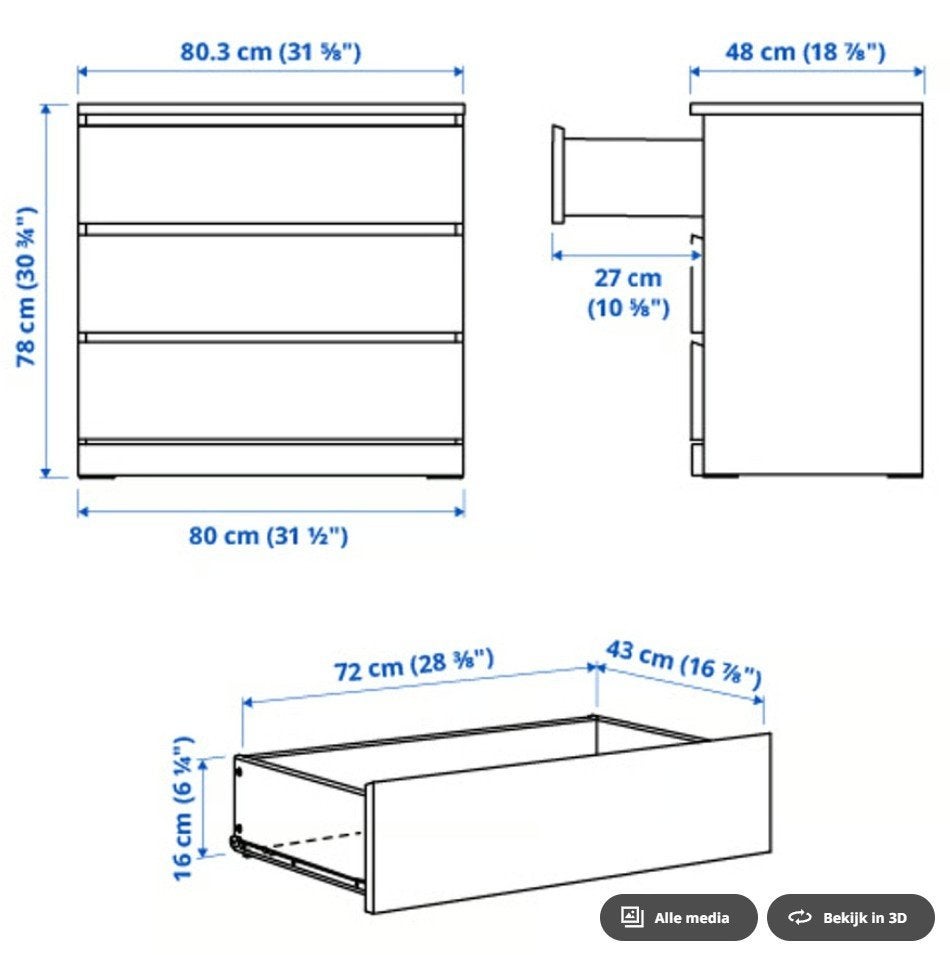 Ikea Malm ladekast, 3 lades, zwart, 80x78cm, NIEUW in doos., Ophalen, Nieuw, 50 tot 100 cm, 3 of 4 laden