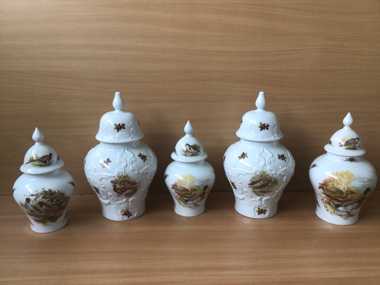 Set van 5 handgedecoreerde porseleinen potten, Ophalen of Verzenden